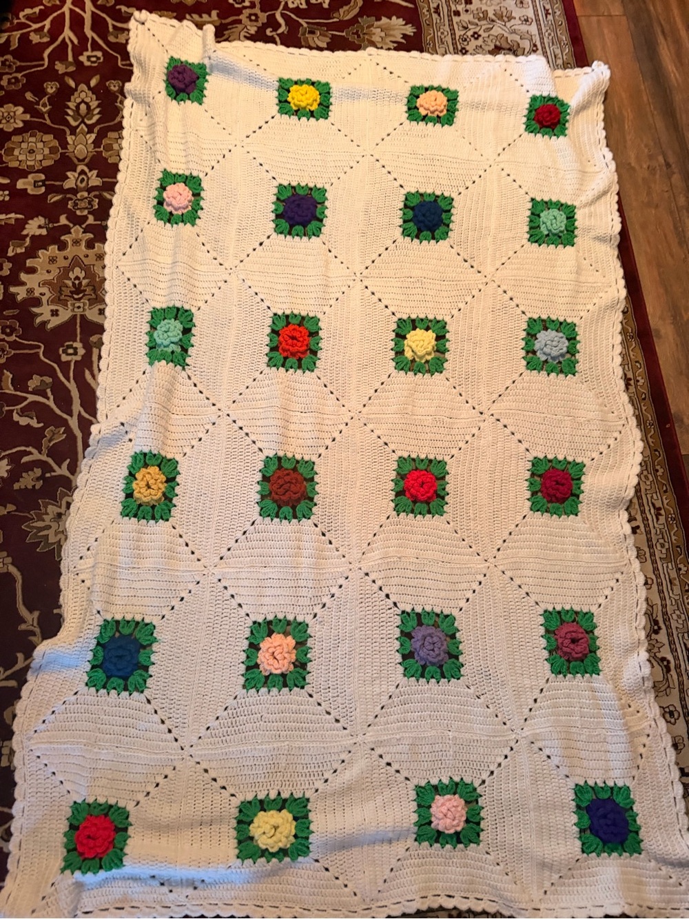 Vintage Handmade Crochet Floral Square Throw Blanket